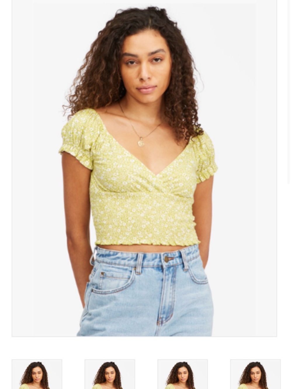 Billabong Yellow Ditsy Floral Smocked V-Neck Crop Top
